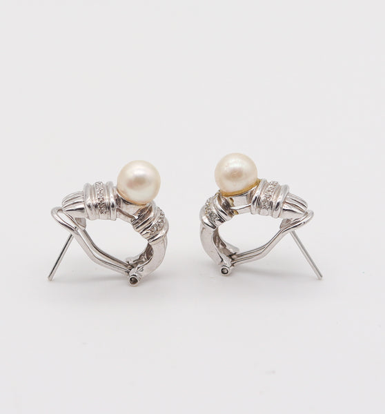 CLASSIC Italian Earrings In 14Kt White Gold With White Diamonds And Round Pearls