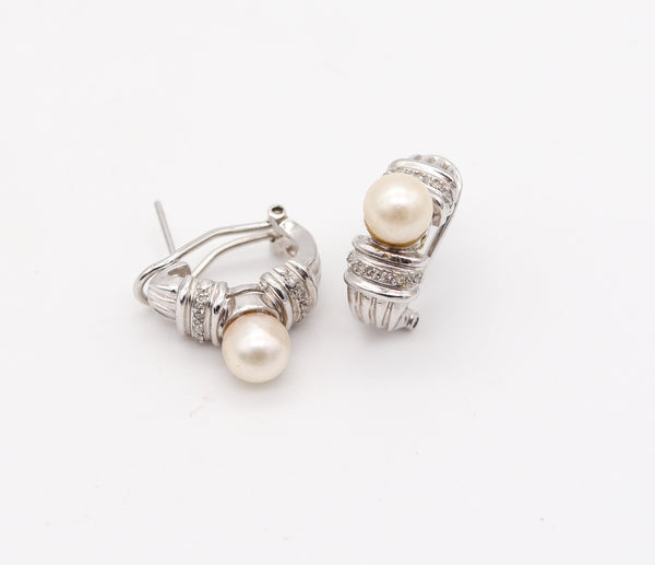 CLASSIC Italian Earrings In 14Kt White Gold With White Diamonds And Round Pearls