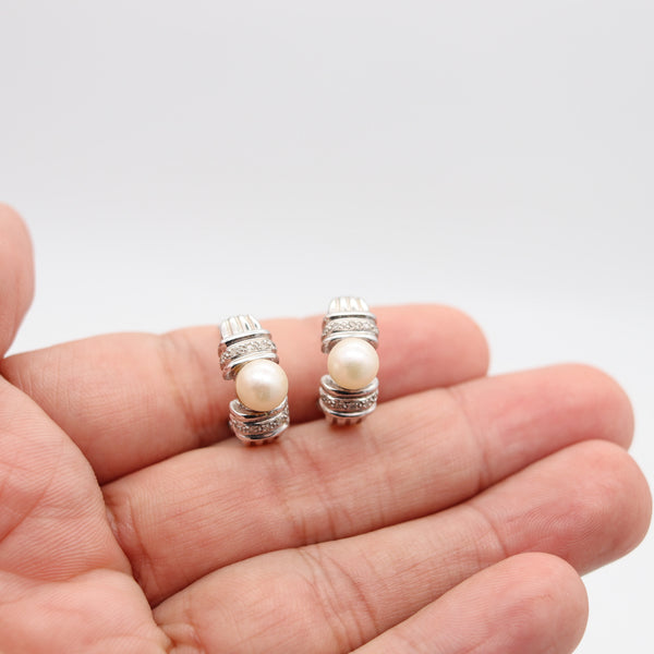 CLASSIC Italian Earrings In 14Kt White Gold With White Diamonds And Round Pearls