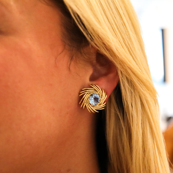 -Tiffany & Co 1970 Jean Schlumberger Earrings In 18Kt Gold With 16 Ctw Aquamarines