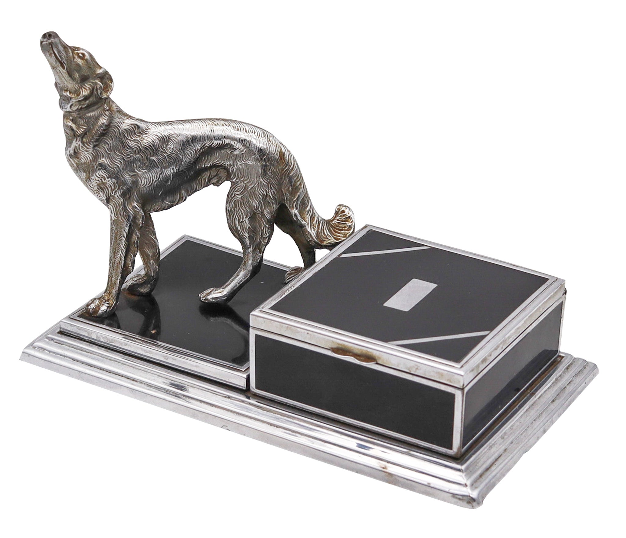 Ronson 1930 By Jennings Brothers Art Deco Borzoi Dog Black Lacquered Desk Box