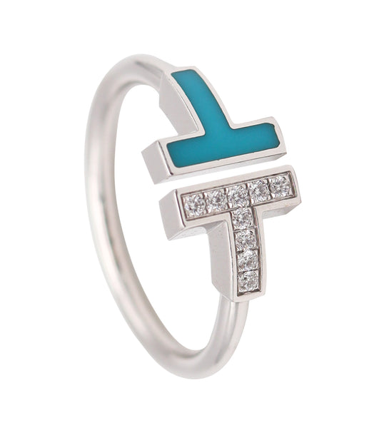 TIFFANY & CO. Blue Enameled Iconic T-Ring In 18Kt White Gold With VS Diamonds