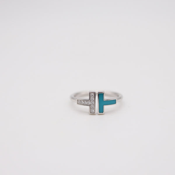 TIFFANY & CO. Blue Enameled Iconic T-Ring In 18Kt White Gold With VS Diamonds