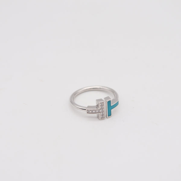 TIFFANY & CO. Blue Enameled Iconic T-Ring In 18Kt White Gold With VS Diamonds