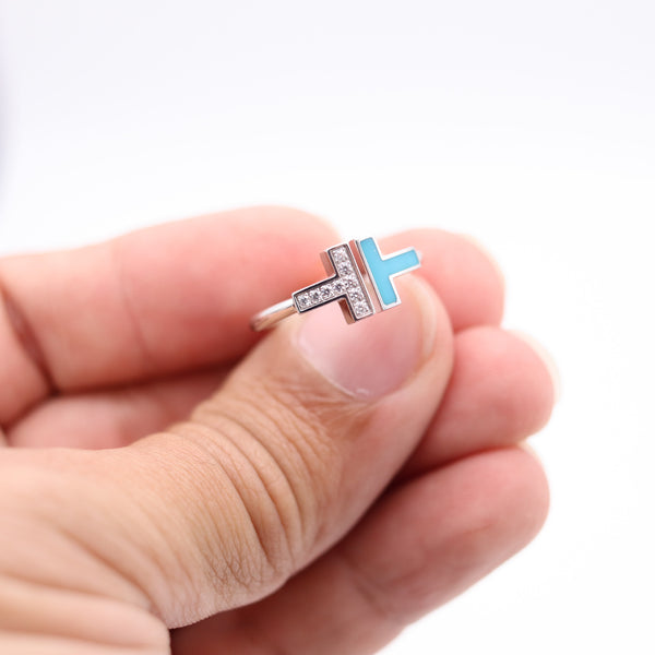 TIFFANY & CO. Blue Enameled Iconic T-Ring In 18Kt White Gold With VS Diamonds