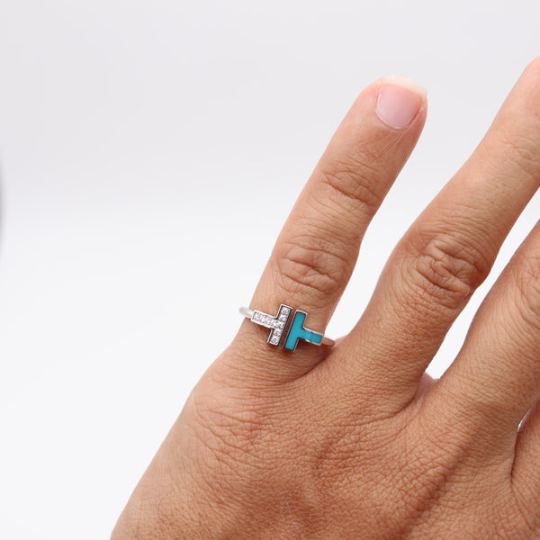 TIFFANY & CO. Blue Enameled Iconic T-Ring In 18Kt White Gold With VS Diamonds