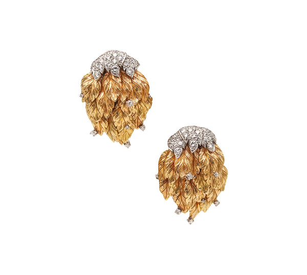 -Modernist 1970 Dangle Earrings In 18Kt Gold And Platinum With 3.48 Ctw Diamonds