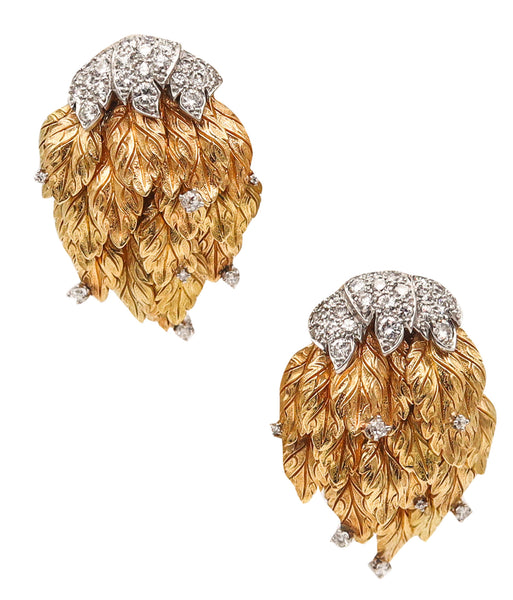 -Modernist 1970 Dangle Earrings In 18Kt Gold And Platinum With 3.48 Ctw Diamonds