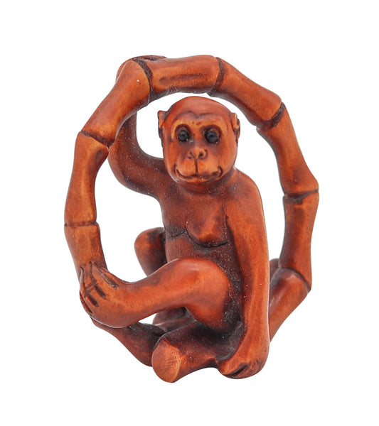 JAPAN 1880 Meiji Period Carved Wood Netsuke Of A Seated Monkey With Onyx Eyes
