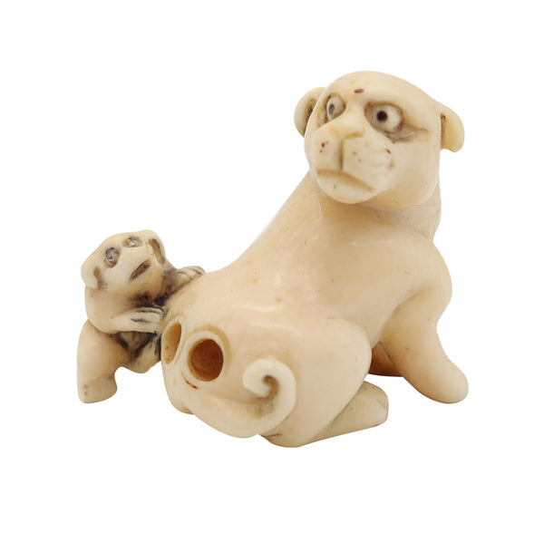 JAPAN 1885 Meiji Period Carved Netsuke Of Seated Foo-Dog With Onyx Eyes