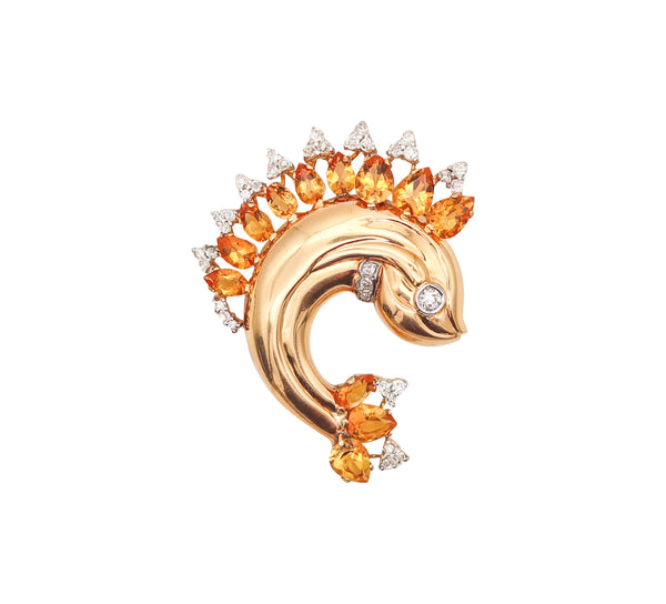-Austria 1930 Art Deco Fish Brooch In 18Kt Gold With 33.28 Ctw Diamonds & Citrines