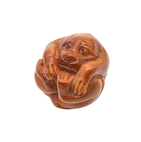 JAPAN 1900 Imperial Meiji Period Ojime Holed-Ball Of A Monkey Carved In Agate