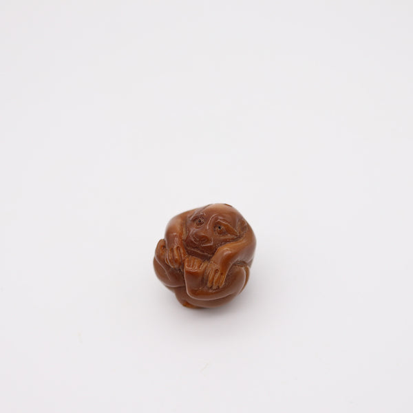 JAPAN 1900 Imperial Meiji Period Ojime Holed-Ball Of A Monkey Carved In Agate
