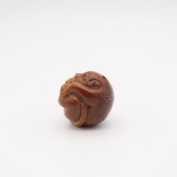 JAPAN 1900 Imperial Meiji Period Ojime Holed-Ball Of A Monkey Carved In Agate