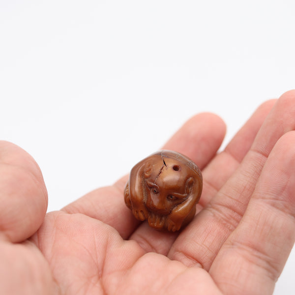 JAPAN 1900 Imperial Meiji Period Ojime Holed-Ball Of A Monkey Carved In Agate