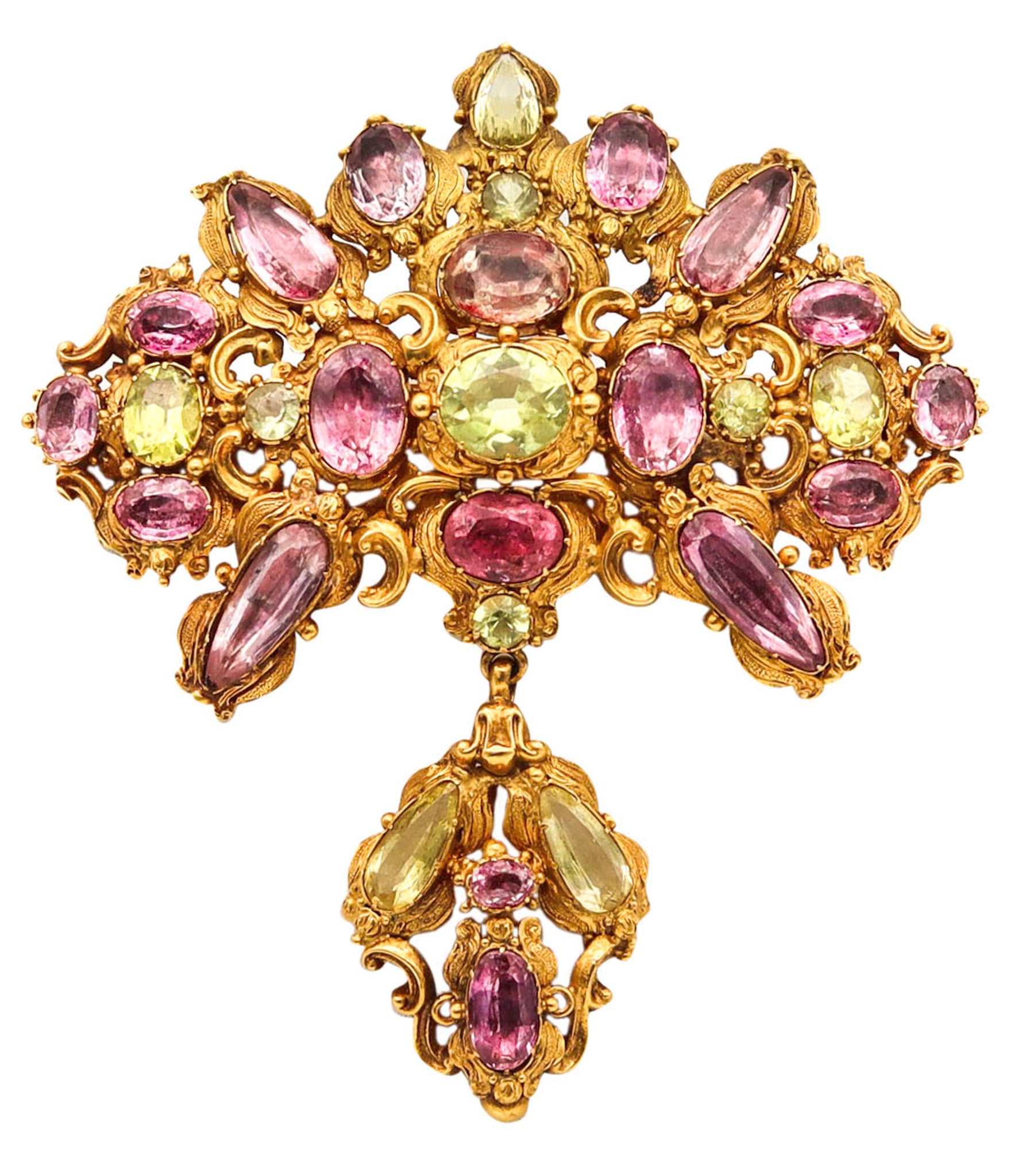 -Georgian 1760 Iberian Corsage Girandole Brooch In 18-20Kt Gold With Gemstones