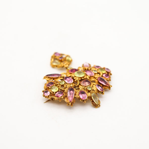 -Georgian 1760 Iberian Corsage Girandole Brooch In 18-20Kt Gold With Gemstones