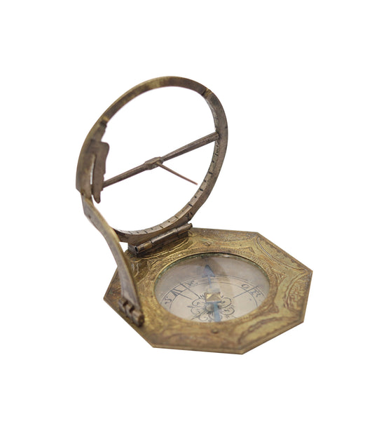 LORENZ GRASSL German 1770 Antique Portable Octagonal Compass-Sundial In Bronze