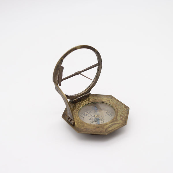 LORENZ GRASSL German 1770 Antique Portable Octagonal Compass-Sundial In Bronze