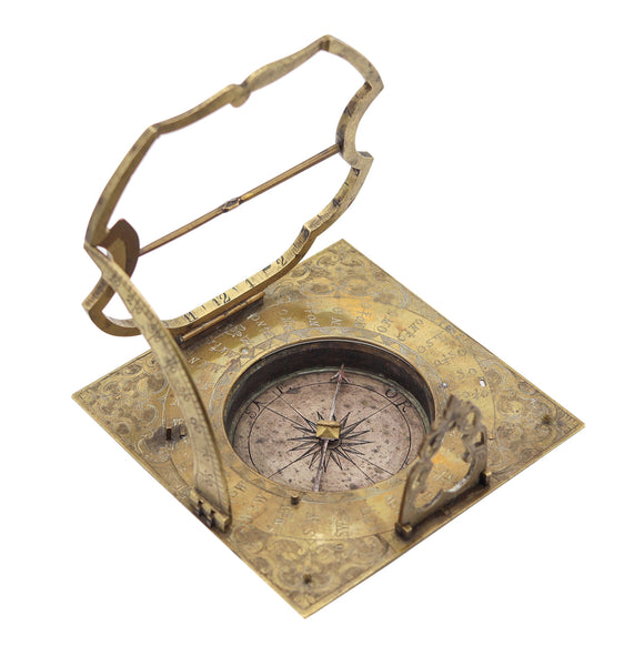 LORENZ GRASSL German 18th Century Antique Foldable Compass-Sundial Gilt Bronze