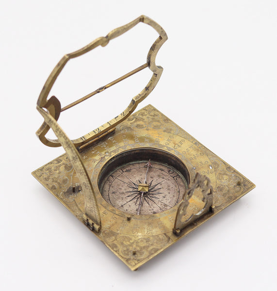 LORENZ GRASSL German 18th Century Antique Foldable Compass-Sundial Gilt Bronze