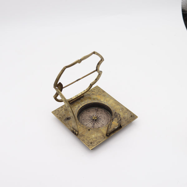 LORENZ GRASSL German 18th Century Antique Foldable Compass-Sundial Gilt Bronze