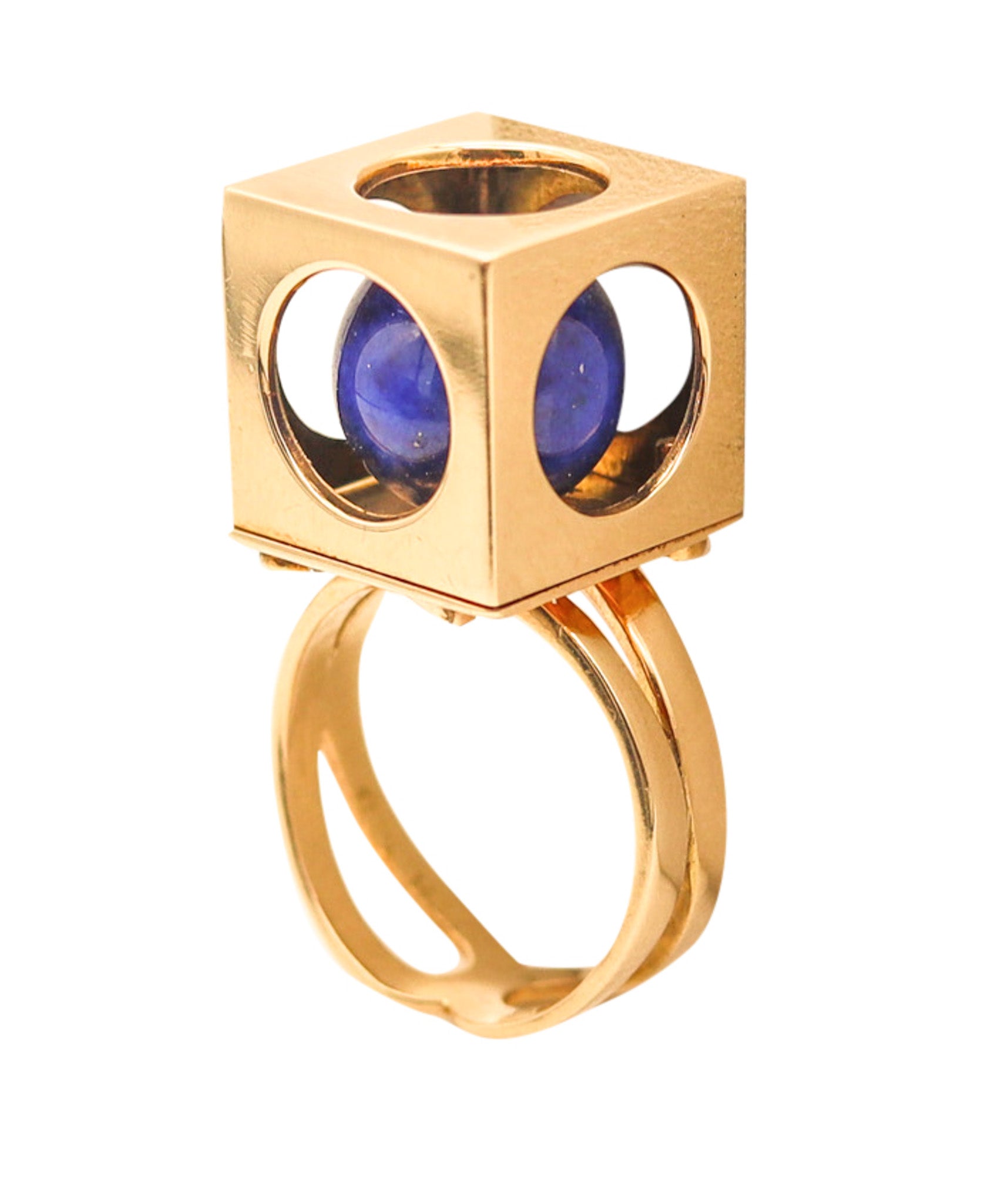 ZERO-GROUP Modernist 1970 Sculptural Ring In 14Kt Yellow Gold With Lapis Lazuli