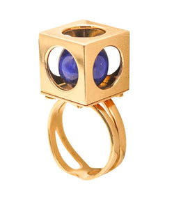 -European Modernist 1970 Sculptural Ring In 14Kt Yellow Gold With Lapis Lazuli