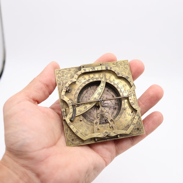 LORENZ GRASSL German 18th Century Antique Foldable Compass-Sundial Gilt Bronze
