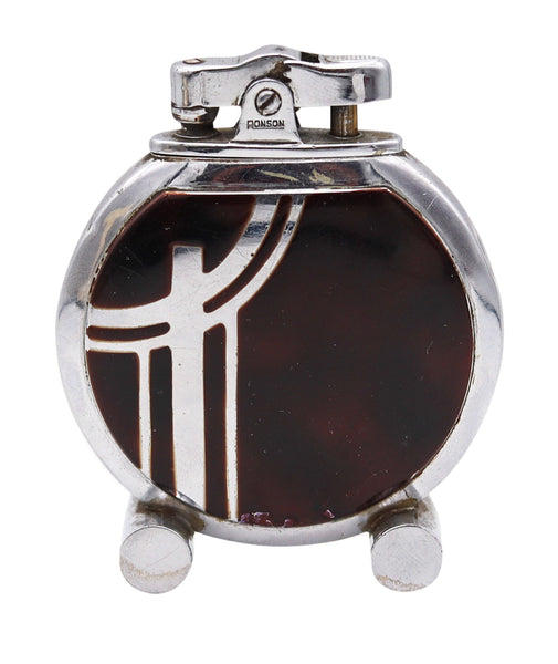 +Ronson USA 1934 Art Deco Faux Tortoise Lacquer Rondette Desk Lighter In Chromed Steel