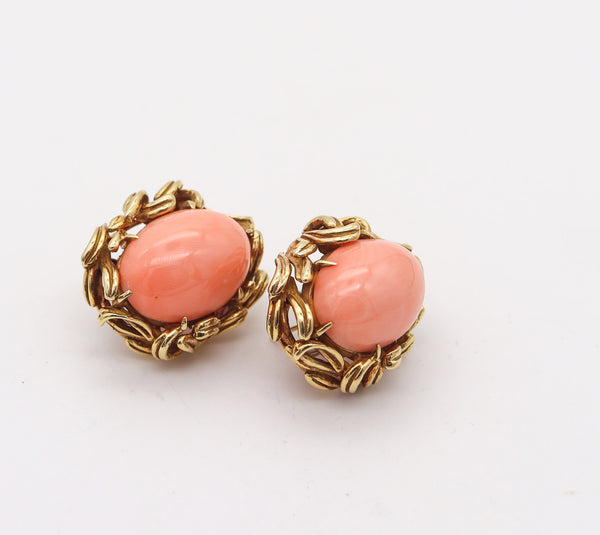 -Italian 1960 Mid Century Clips Earrings In 18Kt Yellow Gold With Salmon Coral