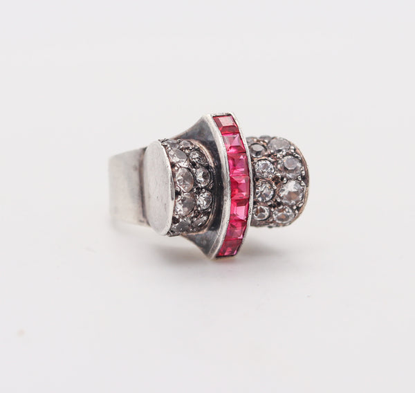 -French Art Deco 1930 Cocktail Ring In Sterling Silver With Synthetic Rubies