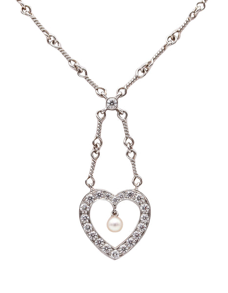 TIFFANY & CO. Open Heart Necklace Chain In Platinum With VS Diamonds & Pearl