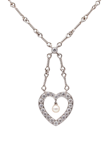 TIFFANY & CO. Open Heart Necklace Chain In Platinum With VS Diamonds & Pearl