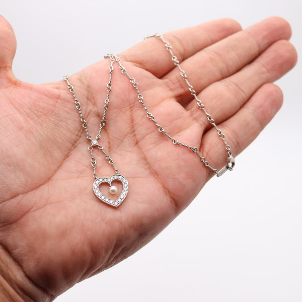 TIFFANY & CO. Open Heart Necklace Chain In Platinum With VS Diamonds & Pearl