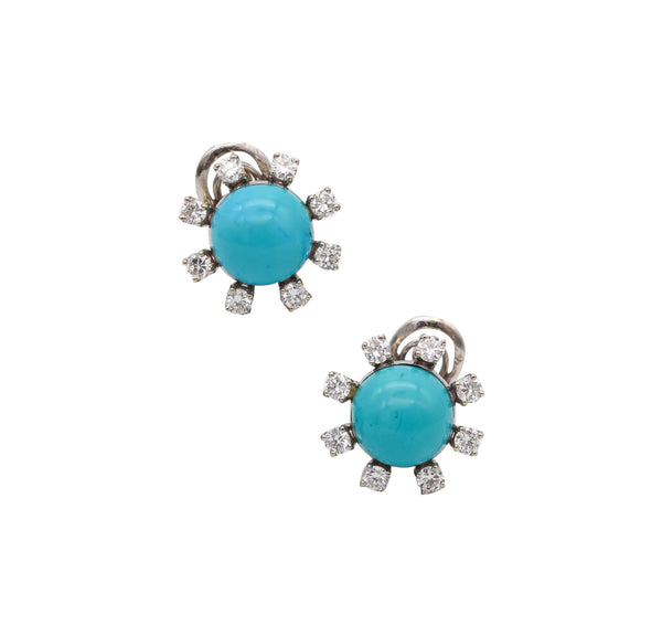 -French 1960 Modernist Earrings In 18Kt Gold With 12.98 Ctw In Diamonds & Turquoises