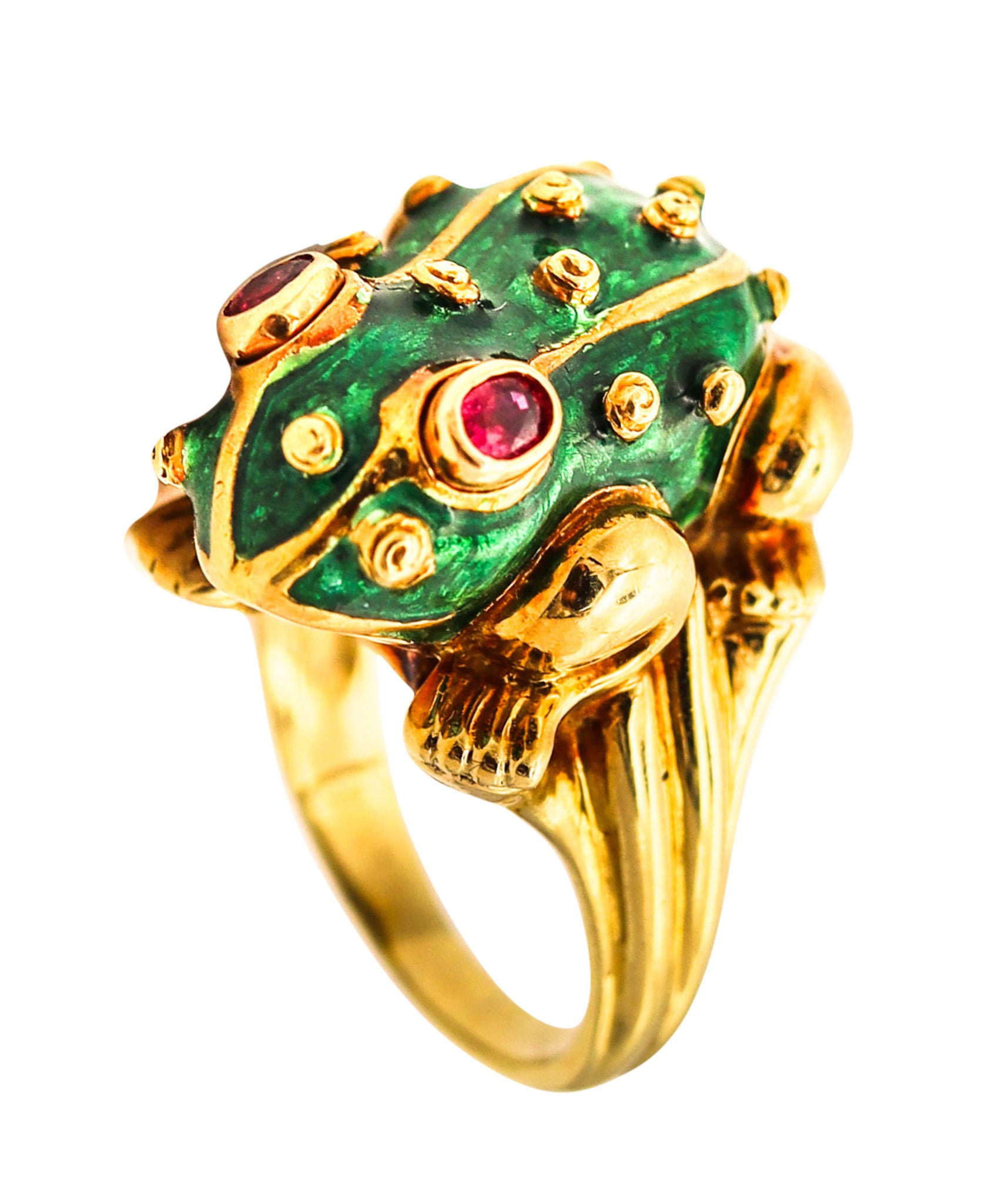 DAVID WEBB Green Enameled Sculpted Frog Ring In 18Kt Yellow Gold With Rubies