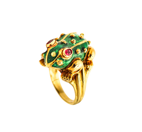 DAVID WEBB Green Enameled Sculpted Frog Ring In 18Kt Yellow Gold With Rubies