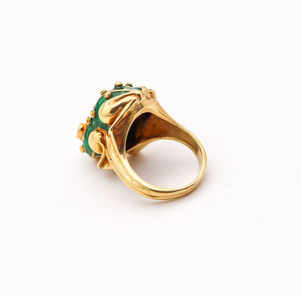 DAVID WEBB Green Enameled Sculpted Frog Ring In 18Kt Yellow Gold With Rubies
