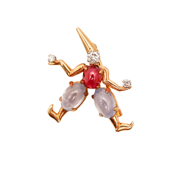 BVLGARI Pulcinello Lapel Brooch In 18Kt Gold & 4.69 Cte Diamonds Sapphires & Ruby