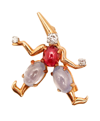 BVLGARI Pulcinello Lapel Brooch In 18Kt Gold & 4.69 Cte Diamonds Sapphires & Ruby