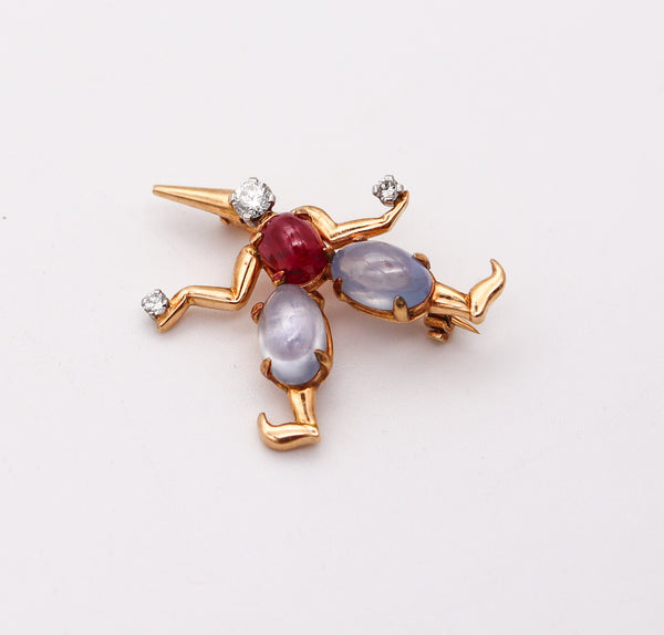 BVLGARI Pulcinello Lapel Brooch In 18Kt Gold & 4.69 Cte Diamonds Sapphires & Ruby