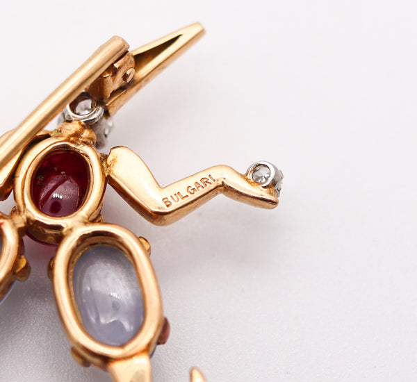 BVLGARI Pulcinello Lapel Brooch In 18Kt Gold & 4.69 Cte Diamonds Sapphires & Ruby