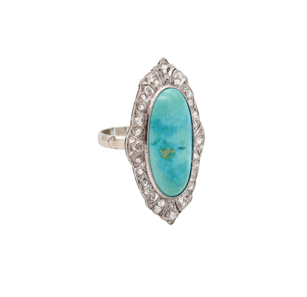 EDWARDIAN 1905 Cocktail Ring In Platinum With 14.16 Ctw Turquoise & Diamonds