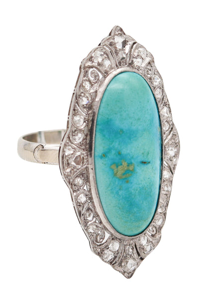 EDWARDIAN 1905 Cocktail Ring In Platinum With 14.16 Ctw Turquoise & Diamonds