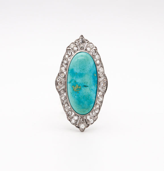 EDWARDIAN 1905 Cocktail Ring In Platinum With 14.16 Ctw Turquoise & Diamonds