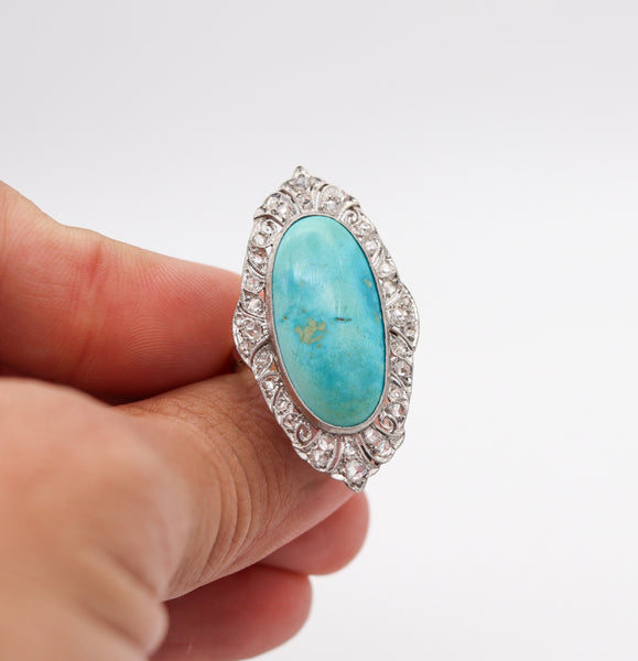 EDWARDIAN 1905 Cocktail Ring In Platinum With 14.16 Ctw Turquoise & Diamonds