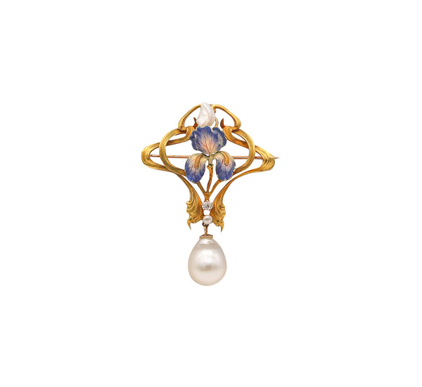 -Art Nouveau 1900 Enameled Orchid Pendant In 14Kt Gold With Diamond And Pearls