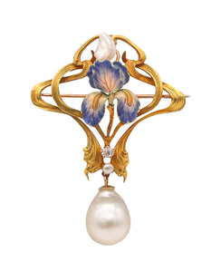 -Art Nouveau 1900 Enameled Orchid Pendant In 14Kt Gold With Diamond And Pearls