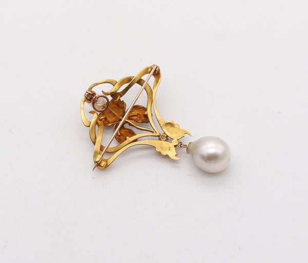 -Art Nouveau 1900 Enameled Orchid Pendant In 14Kt Gold With Diamond And Pearls